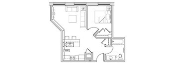A floor plan of a house with a kitchen, living room, and bathroom.