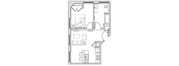 A floor plan of a house with a living room, kitchen, and two bedrooms.