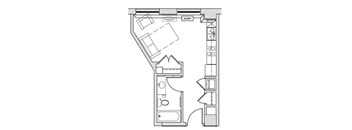 A floor plan of an apartment with a living room, kitchen, and bathroom.