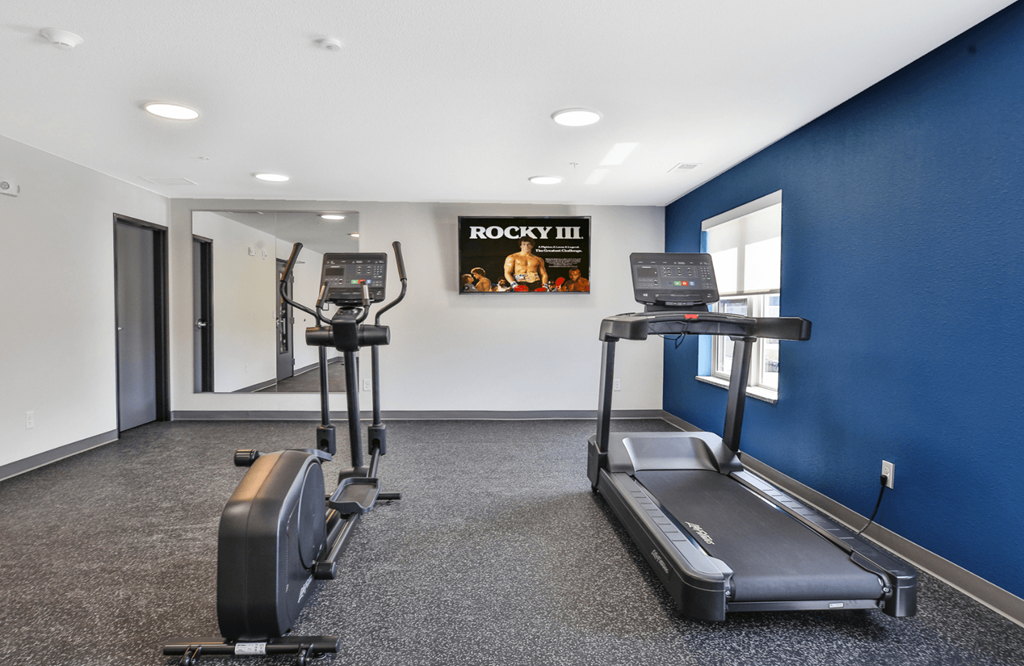 A gym with a row of treadmills and elliptical machines.