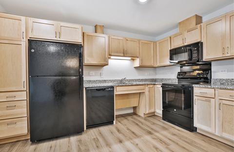 A kitchen with black appliances and wooden cabinets.