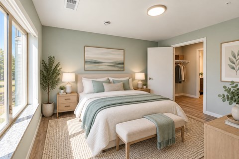 A bedroom with a large bed and a painting on the wall.