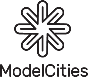 A black and white image of a logo for ModelCities.