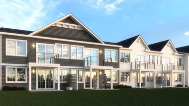 a rendering of apartments with balconies and patios