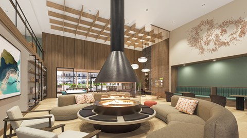 A modern living room with a fireplace and comfortable seating.