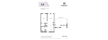 A floor plan for a 1 bedroom/1 bath apartment at Heritage Westminster.