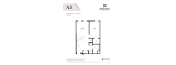 A floor plan for a 1 bedroom/1 bath apartment at Heritage Westminster.