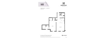 A6 floor plan for a 1 bedroom, 1.5 bath apartment.