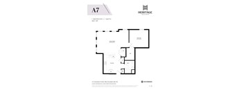 A floor plan for a 1 bedroom/1 bath apartment at Heritage Westminster.