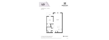A floor plan for a 1 bedroom/1 bath apartment at Heritage Westminster.