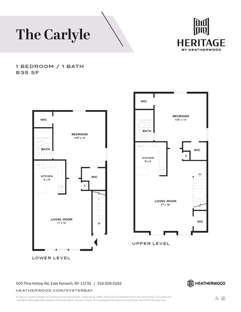 A floor plan for a one bedroom, one bath apartment at The Carlyle by Heatherwood.