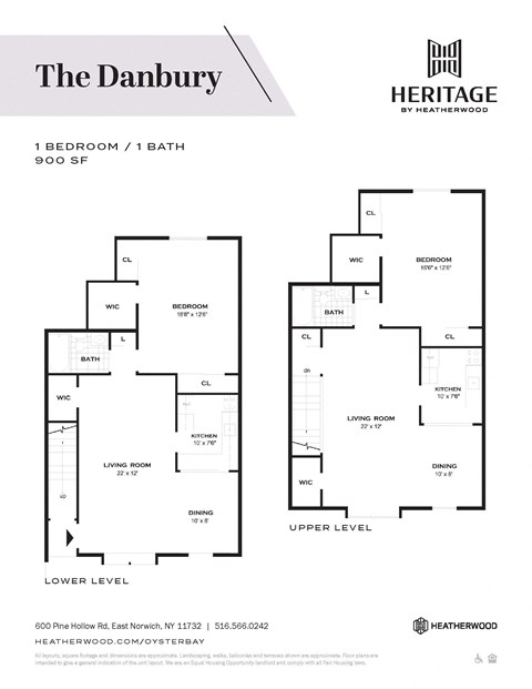 Upper and Lower level 1 Bedroom floor plans of the Danbury Upgrade floorplan at Oyster Bay