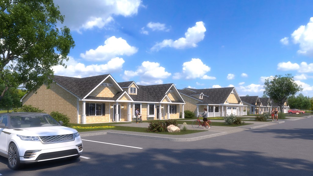 a rendering of a neighborhood with a white car parked in front of houses