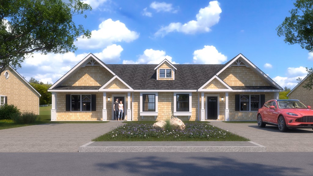 a rendering of a house with a red car parked outside
