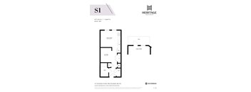 A floor plan for a studio apartment at Heritage Westminster.
