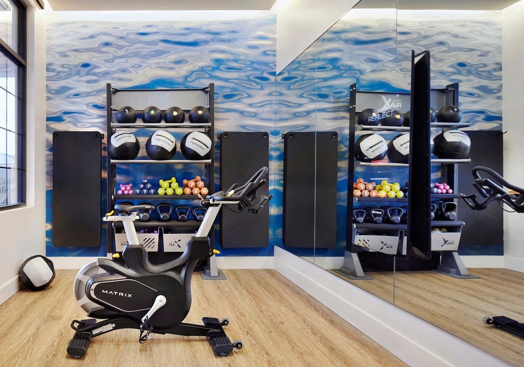 a gym with a blue mural of the ocean on the wall