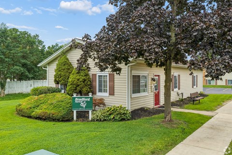 A Bradford home with a green lawn and a tree in front.