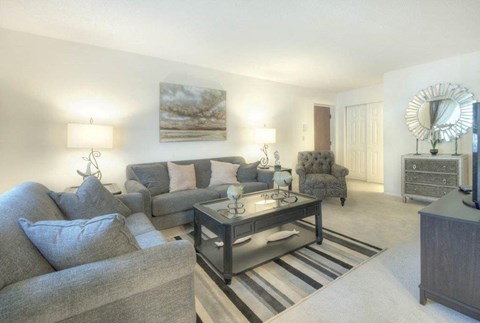 Spacious living room with gray sofas and striped rug at Chili Heights Apartments, New York, 14624