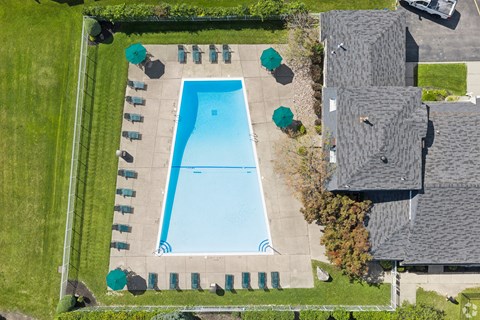 An aerial view of a swimming pool surrounded by lounge chairs and umbrellas.