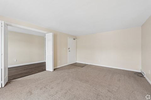 A room with a carpeted floor and a white door.
