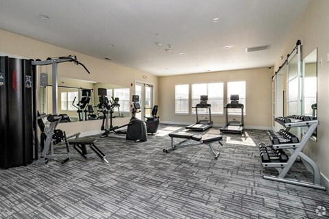 the residence apartments fitness center with exercise equipment and windows