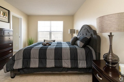 a bedroom with a bed and a dresser and a window