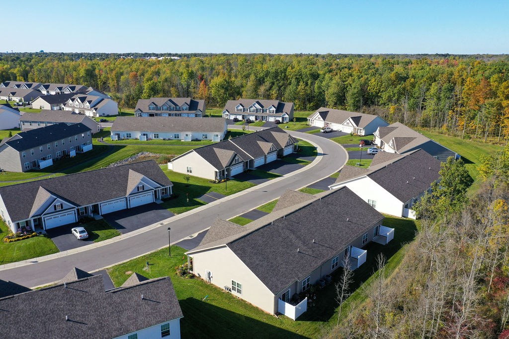 a neighborhood of houses with trees in the background