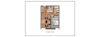 A floor plan of a room with a living area, kitchen, bathroom, and bedroom.