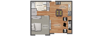 A floor plan of a small apartment with a bedroom, living room, kitchen, and bathroom.