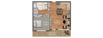 A floor plan of a house with a living room, dining room, kitchen, and bathroom.