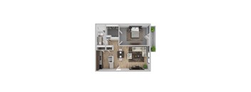 A 3D rendered image of a modern apartment layout.