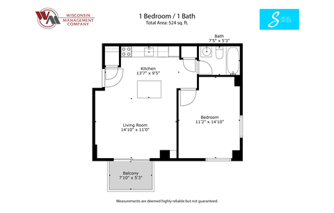 a floor plan for a 1 bedroom unit with a bathroom and a balcony