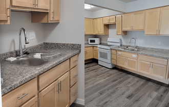 two pictures of a kitchen with wood floors and granite counter tops