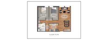 A floor plan of a small apartment with two bedrooms, a bathroom, a kitchen, a living/dining area, and a reference area.