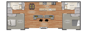 A floor plan of a house with a living room, dining room, kitchen, and two bedrooms.