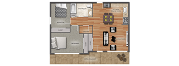 A floor plan of a house with two bedrooms, a pantry, a living room, a kitchen/dining room, a bathroom, and a balcony.