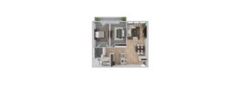 A 3D floor plan of a small apartment with a kitchen, living room, and bathroom.