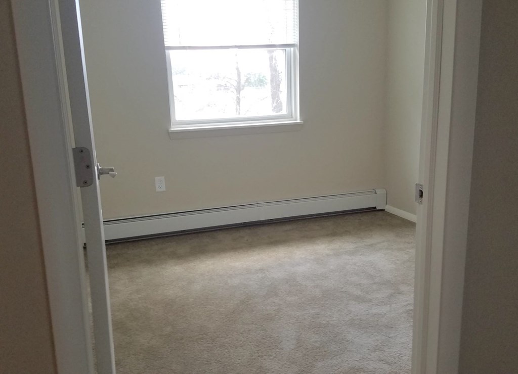 an empty room with a window and a carpeted floor
