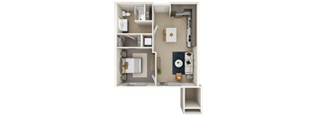 A 3D floor plan of a small apartment with a kitchen, living room, and bedroom.