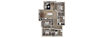 A detailed 3D floor plan of a small apartment layout.