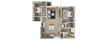 A 3D floor plan of a small apartment with two bedrooms, a living room, and a kitchen.