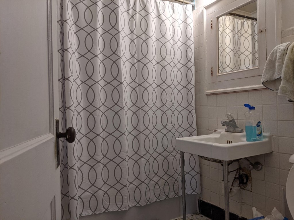 A bathroom with a white sink and a shower curtain with a pattern on it.