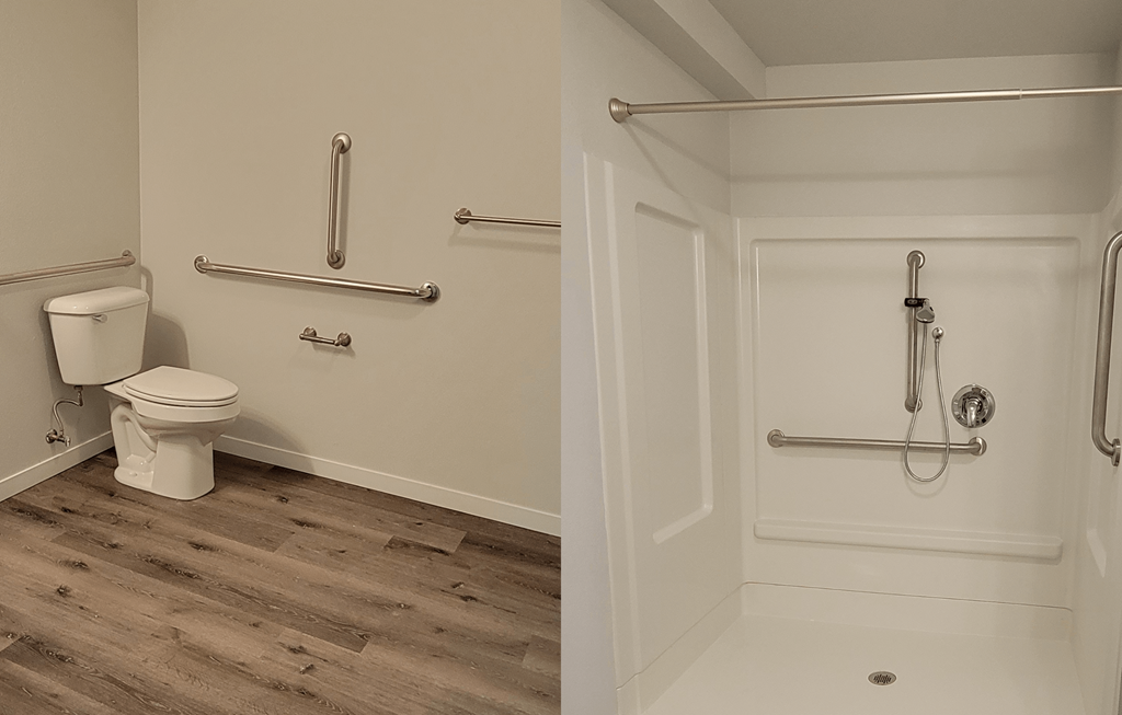 a bathroom with grab bars and a toilet and a shower