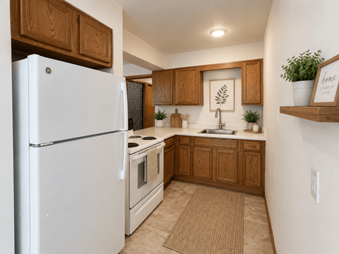 A white refrigerator is in a kitchen with wooden cabinets.