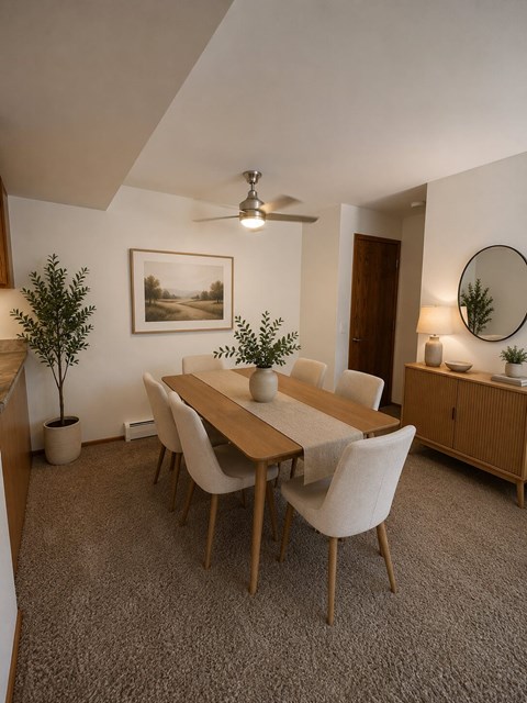 A dining room with a table, chairs, and a potted plant.