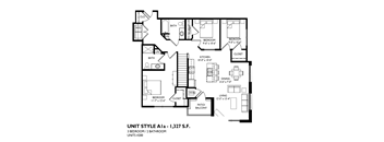 A black and white image of a floor plan for a 3 bedroom, 2 bathroom unit.
