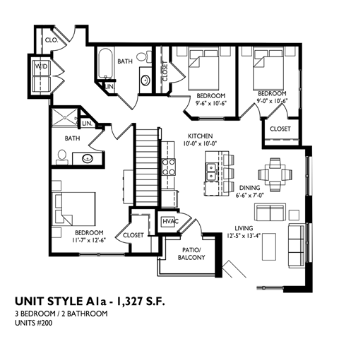 A black and white image of a floor plan for a 3 bedroom, 2 bathroom unit.