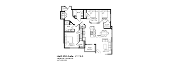 A black and white image of a floor plan for a unit style A2a - 1,327 S.F.