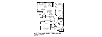 A black and white diagram of a 3 bedroom 2 bathroom a-ac wheda type a floor plan.
