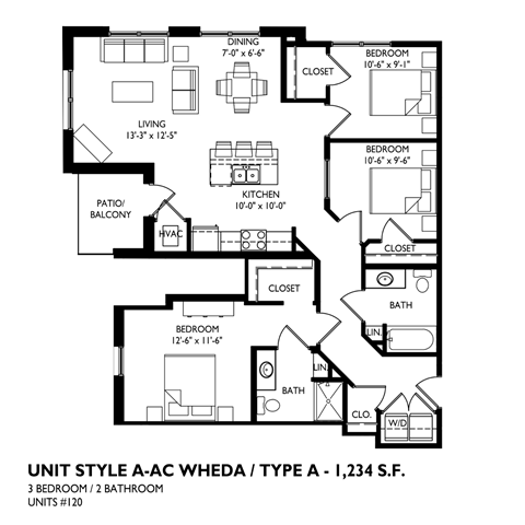 A black and white diagram of a 3 bedroom 2 bathroom a-ac wheda type a floor plan.